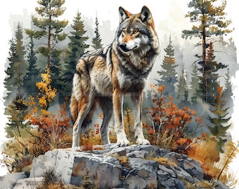 15 Wolf on Rock Clipart, Printable Watercolor Clipart, Paper Crafts, Junk Journals, Card Making, High Quality JPGs, Digital Download Jpg