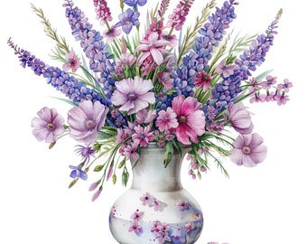 12 Purple Meadow Flowers in Vase Clipart, Purple Flowers Clipart, Printable Watercolor Clipart, High Quality JPGs, Digital Download