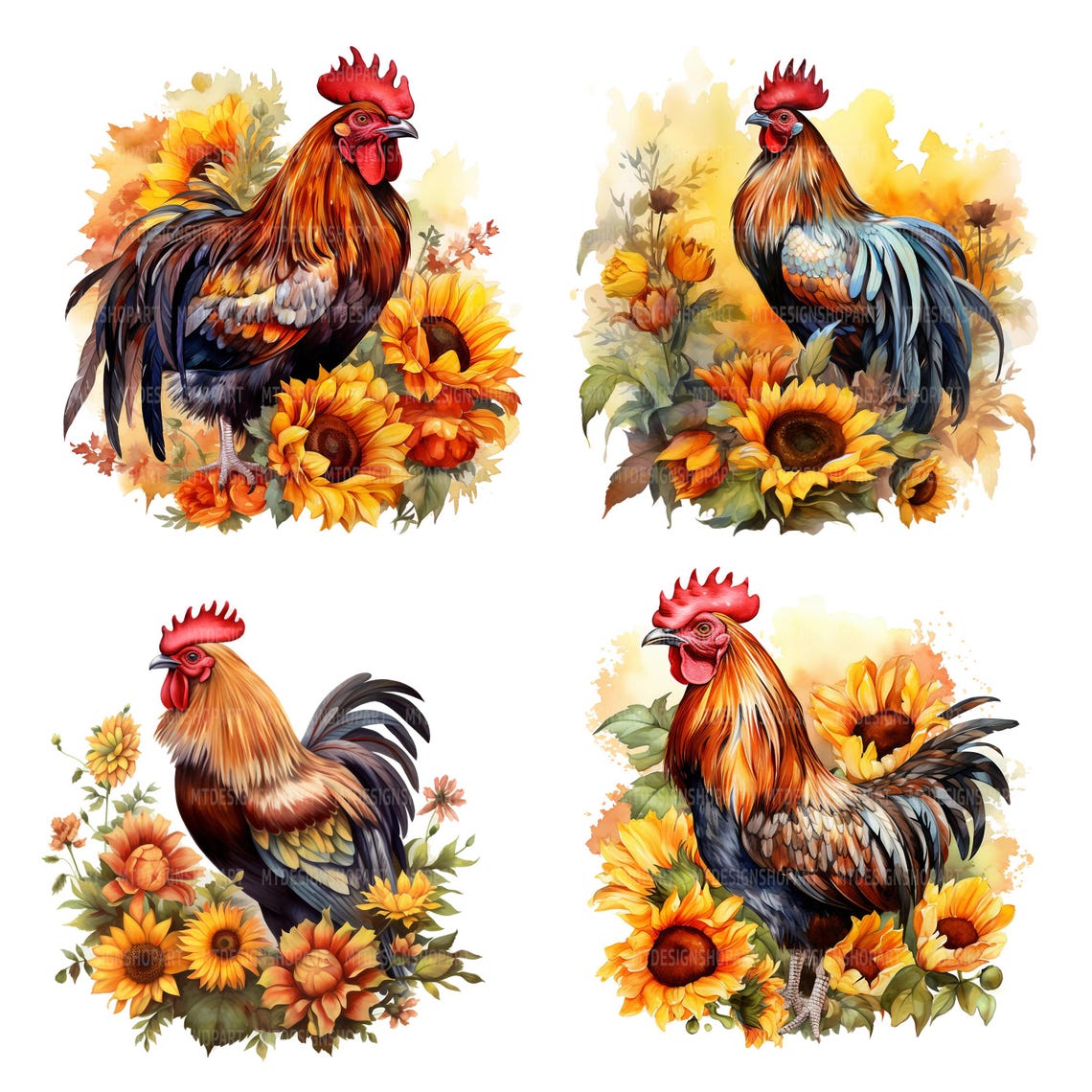 Rooster Fall Graphics 19 Rooster Sunflowers Clipart, Fall Flowers, Printable Watercolor ...