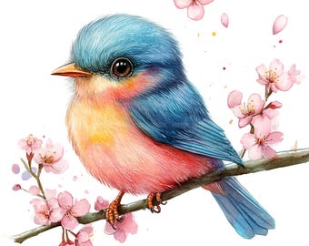 ブルーバード水彩画：春の桜（デジタルダウンロード） - Etsy 日本