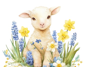17 Floral Lamb Baby Clipart,  Easter Lamb Clipart, Printable Watercolor Clipart, Paper Craft, High Quality JPGs, Digital Download