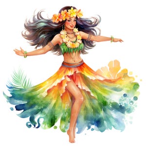 Hawaiian Hula Girl Clipart: Luau Party Watercolor Art (Digital Download JPGs 4096x4096px)