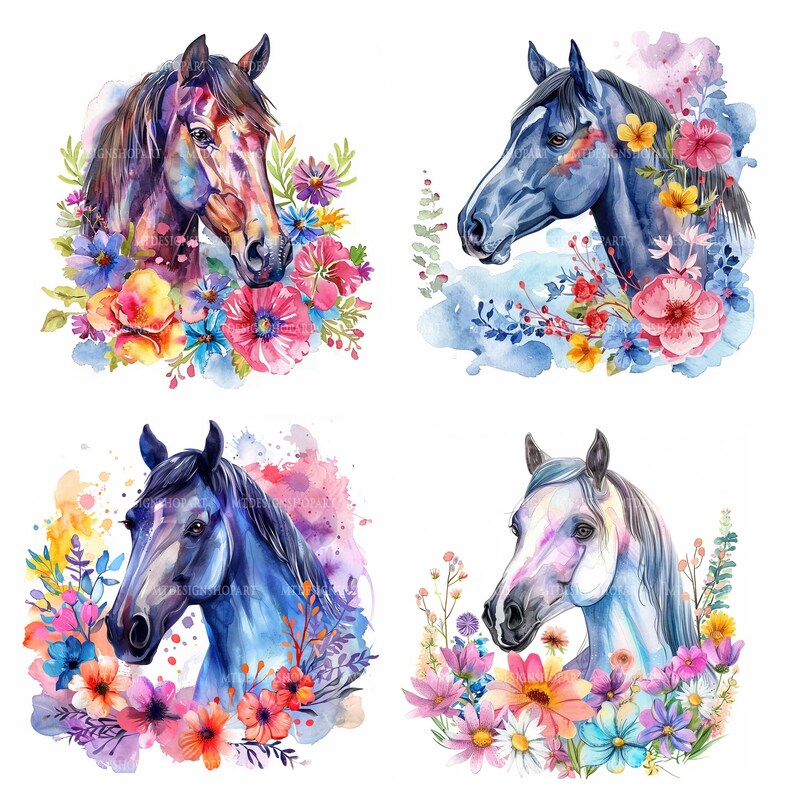 16 Floral Horses Clipart, Flower and Horse,printable Watercolor Clipart ...