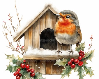 23 Christmas Robin Clipart, Christmas Bird Card,  Printable Watercolor Clipart, Paper Craft, High Quality JPGs, Digital Download Wall Art