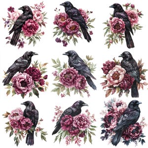 May include: Nine digital illustrations of black crows perched on pink and purple flowers. The crows are depicted in a realistic style with detailed feathers and sharp beaks. The flowers are arranged in a bouquet-like formation, with lush green leaves and stems.