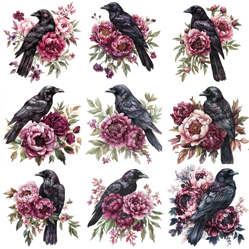 May include: Nine digital illustrations of black crows perched on pink and purple flowers. The crows are depicted in a realistic style with detailed feathers and sharp beaks. The flowers are arranged in a bouquet-like formation, with lush green leaves and stems.