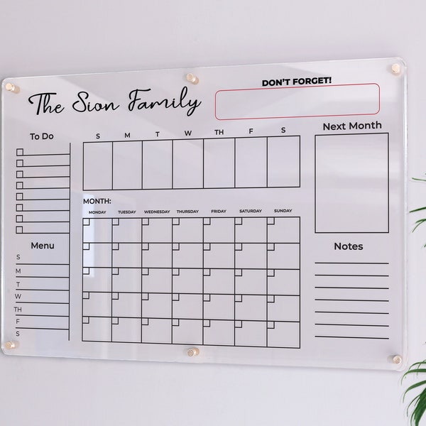 Acrylic Family Calendar | Family Planner  |  Dry Erase Calendar | Personalize Dry erase Board | Acrylic Calendar |  Acrylic Planner