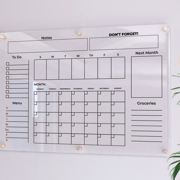Monthly Planner | Large Glass Calendar | Dry Erase Planner | Personalize Dry erase Board | Acrylic Calendar |  Acrylic Planner