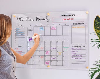 Calendario familiar de acrílico / Planificador familiar / Calendario de borrado en seco / Pizarra de borrado en seco personalizada / Calendario de acrílico / Planificador de acrílico