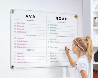 Kids Daily Routine Chart | Acrylic Morning and Bedtime Routine Board | Personalized Dry Erase Chore Chart for 1-4 Kids