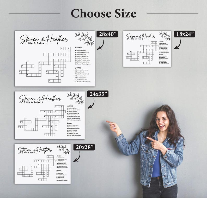 Wedding Crossword
Sip and Solve
Wedding Puzzle
Custom Crossword
Bridal Shower
Crossword Puzzle
Custom Signage
custom wedding signs
Bridal Shower Games
Giant Crossword
Large Crossword
Wedding Games
Wedding Guest Games