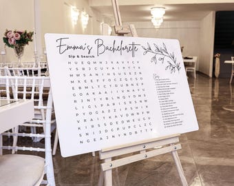 CUSTOM Dry-Erase Bachelorette Word Search | Personalized Hen Party Game | Acrylic Sip and Search Sign | Free Shipping