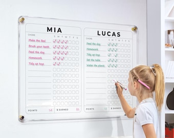 Allowance Chore Chart for Kids | Acrylic Points Chart with Money Earned | Personalized Dry Erase Chore Board for 1-4 Kids