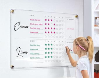 Acrylic Chore Chart for Kids | Star Reward Chart, Daily Routine and Allowance Chart | Personalized Dry Erase Chore Board 1-4 Kids