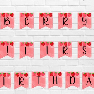 Berry First Birthday Printable PDF Banner, DIY Printable Banner, Birthday Banner, Girl Printable Birthday Banner, Pink Birthday Banner