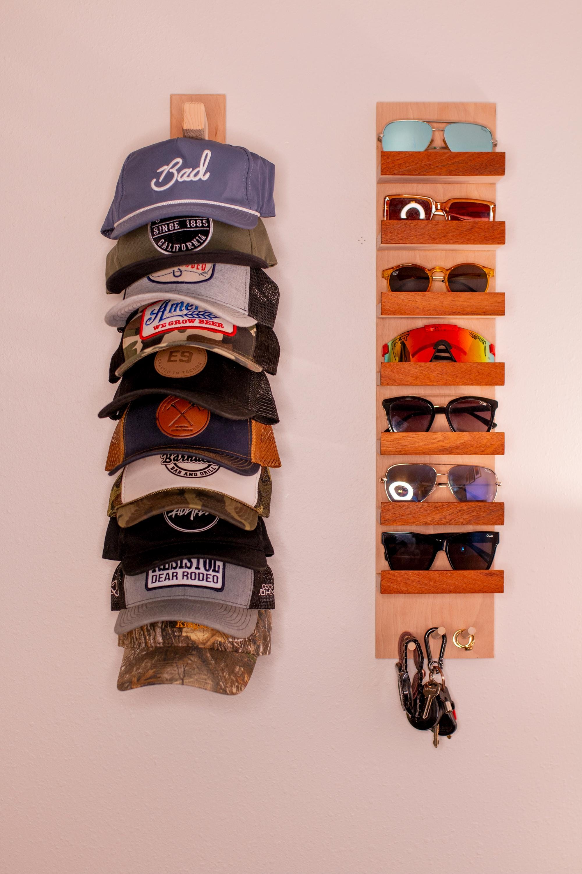 Wall-Mounted Hat & Sunglass Rack Combo | Complete accessory racks set | 10 Hat Rack + 7 sunglass and accessory racks | Wall organization