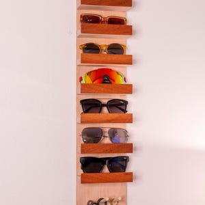 Wall-Mounted Sunglass Rack | Sunglass Display Rack | Glasses Rack | Beech & Mahogany | 7 Slots + 3 Hooks for Accessories