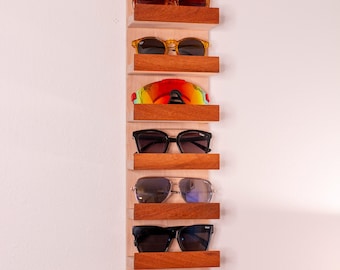 Wall-Mounted Sunglass Rack | Sunglass Display Rack | Glasses Rack | Beech & Mahogany | 7 Slots + 3 Hooks for Accessories