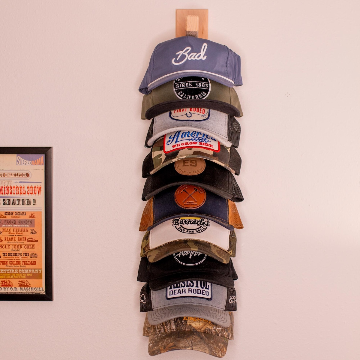 Handcrafted Wood Hat Rack: Wall Mounted 10-Slot Hat Organizer