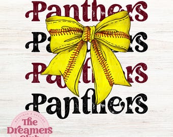 May include: A yellow softball bow with red stitching is centered on a white wood background. The word "Panthers" is written in black, red, and maroon letters above and below the bow.