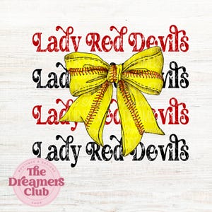 Arco de softbol retro Lady Red Devils Png, lazo de coqueta PNG, camiseta de softbol de otoño Png, deporte Red Devils Png, rojo y negro Png, diseño de sublimación