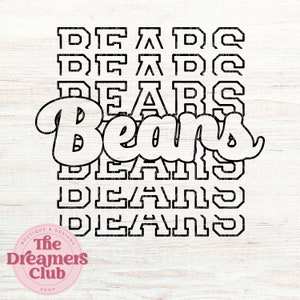 Può includere: Grafica in bianco e nero con la parola "Bears" in un grande font stilizzato. La parola "Bears" è ripetuta più volte in un font più piccolo, creando un effetto a strati.