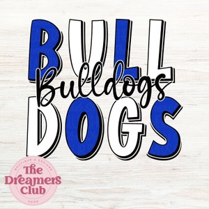 Bulldogs PNG, PNG de mascota, Brillante, Azul y blanco, Garabato, Archivo digital, Letras vintage retro, Descarga por sublimación, DTF