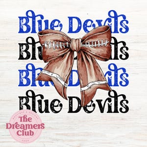 Arco de fútbol retro de los Blue Devils PNG, arco de coqueta PNG, camiseta de fútbol PNG, deporte de los Blue Devils PNG, negro real PNG, diseño de sublimación azul