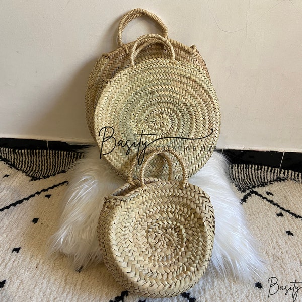 set of 3 round straw bag natural wicker basket Handles: French basket Moroccan basket straw bag French market basket Beach bag woven bag