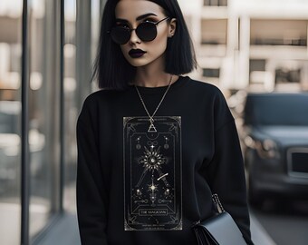 Tarot Card Sweatshirt, Unisex Gothic Sweater, Tarot Deck Graphic Crewneck, Men's Women's Unique Witchy Occult Clothing, Emo Streetwear