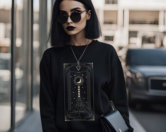 The Moon Tarot Card Sweatshirt, Unisex Gothic Sweater, The Moon Tarot Graphic Crewneck, Men's Women's Unique Witchy Occult Clothing