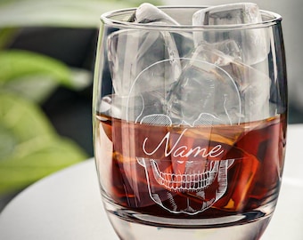Custom Name Skull Whiskey Glass, Personalized Whiskey Lover Gift, Father Of The Bride, Groomsmen, Fathers Day, Gift For Dad, Gift For Him