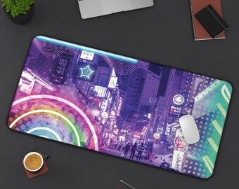 Neon City Street Gaming Desk Mat, E-Boy E-Girl Gaming Mouse Pad, Cute Office Accessories, School Dorm Work Space, Gothic Emo Computer Gamer