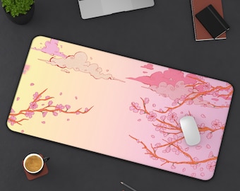 Cherry Blossom Gaming Desk Mat, E-Girl Gaming Mouse Pad, Cute Office Desk Accessories, School Dorm Work Space, Kawaii Computer Gamer