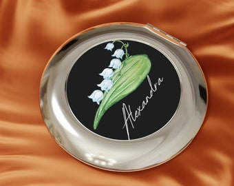 Custom Name Birth Flower Compact Mirror, Personalized Beauty Accessories, Compact Purse Mirror, Bridesmaid Party Gift, Pocket Makeup Mirror