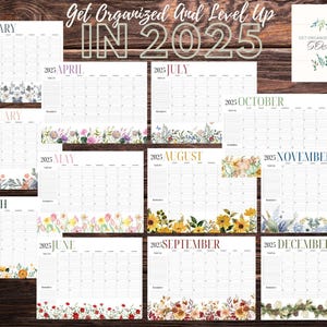 Calendários impressos com data de 2025, download digital instantâneo, letras horizontais/paisagens coloridas, florais, folhagens/vegetação, natureza, parede