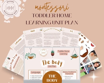 May include: A computer screen displaying a printable Montessori toddler learning unit plan for a "The Body" theme. The unit plan includes activities for language, math, sensory, fine motor, and practical life skills. The screen is surrounded by images of body parts and a child.