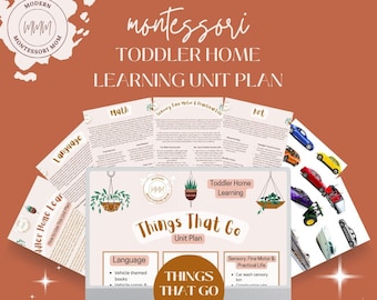 May include: A computer screen displaying a printable unit plan for a "Things That Go" toddler learning theme. The unit plan includes activities for language, sensory, fine motor, and practical life skills. The screen is surrounded by images of cars, trucks, and boats.