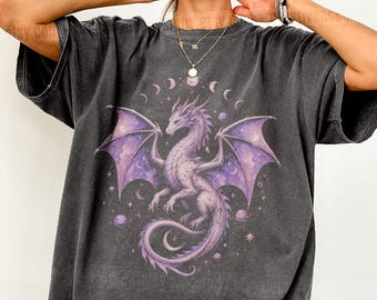 Celestial Moon Fantasy Creature Tee Starry Dragon Shirt Moon Dragon Top Oversized Bookish Tshirt Dark Academia Gift For Her Wizardcore Shirt