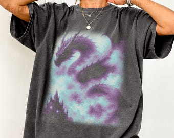 Castle Dragon Fantasy Creature Tee Retro Dragon Shirt Oversized Bookish T Shirt Moon Dragon Top Wizardcore Shirt Dark Academia Gift For Her
