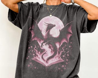Floral Dragon Fantasy Creature Tee Moon Dragon Top Dark Academia Gift For Her Starry Dragon Shirt Wizardcore Shirt Oversized Bookish T Shirt