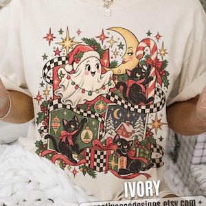 Vintage Christmas Ghost Shirt, Black Cats and Santa Hat Ghost Patchwork Tee, Spooky Cute Creepmas Gift, Comfort Colors