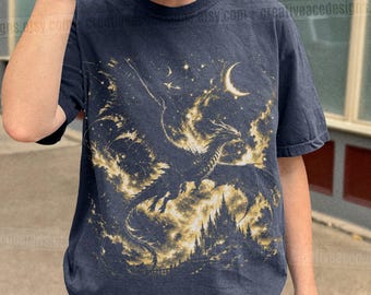 Gold Dragon Fantasy Creature Tee Moon Dragon Top Starry Dragon Shirt Dark Academia Gift For Her Oversized Bookish Tshirt Wizardcore Shirt