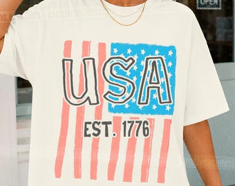 Whimsy Usa 1776 T-Shirt Distressed Flag Shirt Retro American Flag Preppy Fourth Of July Aesthetic Patriotic Shirt Trendy Oversized Usa Tee