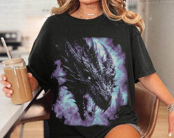 90s Retro Dragon Fantasy Creature Tee Oversized Bookish T Shirt Wizardcore Shirt Bookcore Shirt Moon Dragon Top Dark Academia Gift For Her