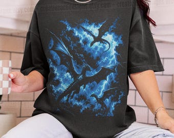 Flying Dragons Fantasy Creature Tee Wizardcore Shirt Starry Dragon Shirt Oversized Bookish Tshirt Moon Dragon Top Dark Academia Gift For Her