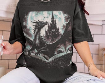 Castle Dragon Fantasy Creature Tee Oversized Bookish T Shirt Dark Academia Gift For Her Starry Dragon Shirt Moon Dragon Top Wizardcore Shirt