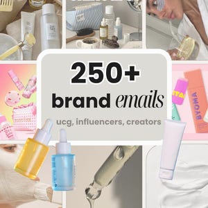 May include: A collage showcasing skincare items such as bottles, tubes, and jars, with the words "skincare" and "250+ brand emails." The image also features a person wearing eye patches and another applying skincare.