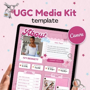 Könnte beinhalten: Eine digitale UGC-Medienkit-Vorlage für Canva auf einem Tablet-Bildschirm. Das rosa Layout enthält Abschnitte für About Me, Ivy Bennett, Follower-Statistiken, Preise und Pakete sowie Arbeitsbeispiele, verziert mit Stern- und Hasengrafiken.