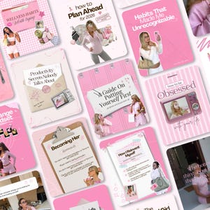 May include: A collection of digital social media graphics featuring a pink colour palette, various lifestyle photography, and motivational text overlays including phrases like How to Plan Ahead, Becoming Her, and How I Reinvent Myself.